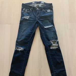 AG Stilt Cigarette leg dark blue distressed jeans